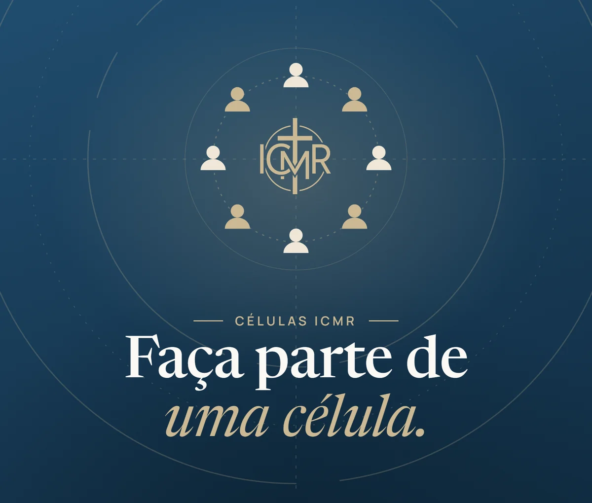 Arte “Faça parte de uma célula”: o símbolo da ICMR ao centro, cercado por pessoas em roda